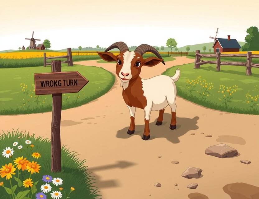 Whimsical lost goat in Dutch farm fields representing page not found at Play Lape Farm, organic farm Laren