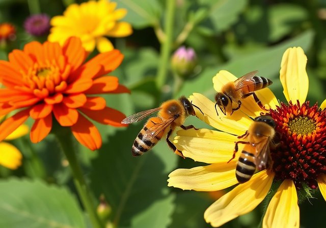 Bees pollinating crops at eco-friendly farm