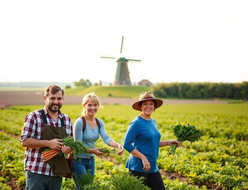 Multi-generational farmers harvesting organic vegetables at Play Lape Farm in Laren, Netherlands